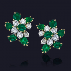 Platinum and 18K Yellow Gold Emerald and Diamond Earrings
