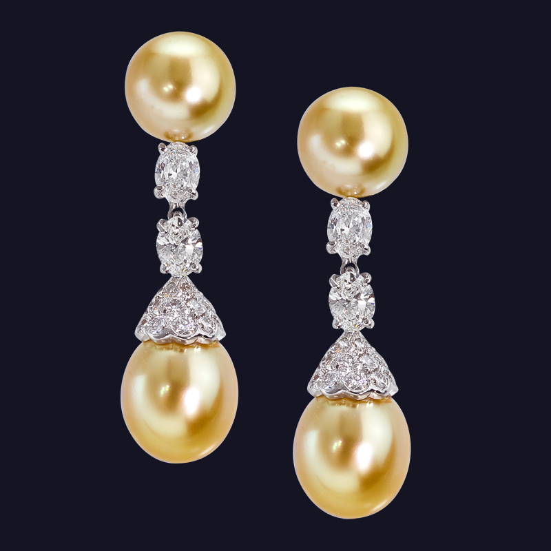 Platinum Diamond and Golden Pearl Earrings