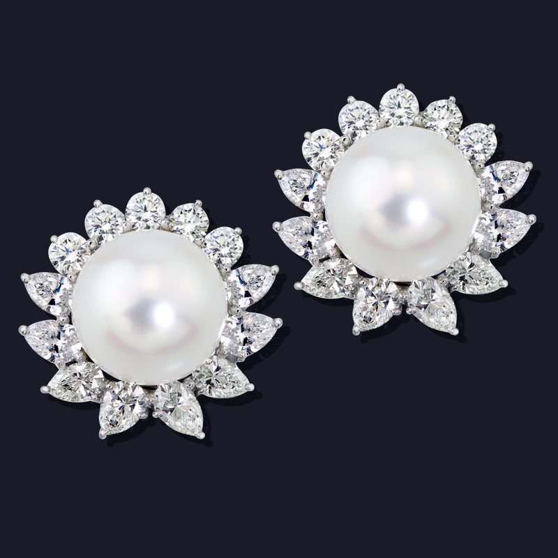 Platinum Diamond and South Sea Pearl Earrings