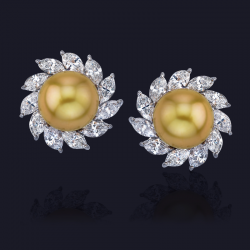 Platinum Diamond and Golden Pearl Earrings