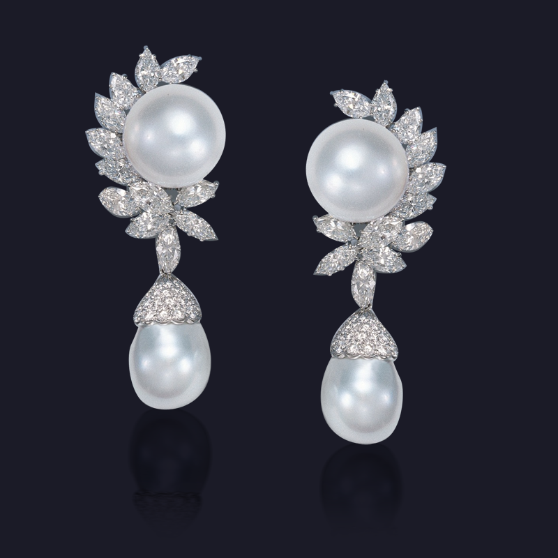 Platinum Diamond and South Sea Pearl Earrings