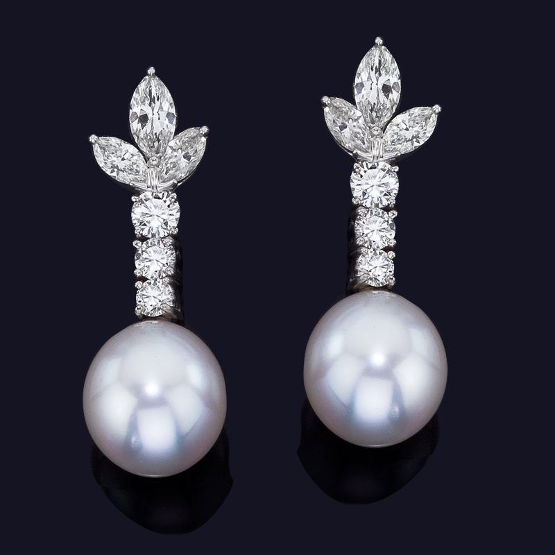 Platinum Diamond and South Sea Pearl Earrings