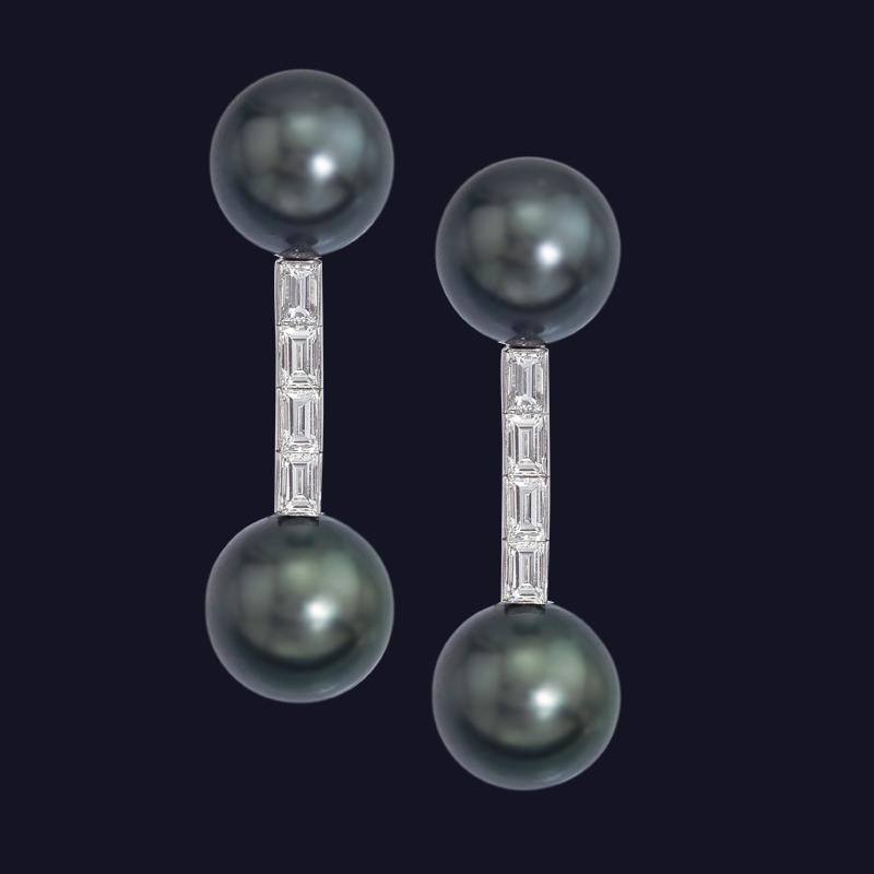 Platinum Diamond and Tahitian Pearl Earrings