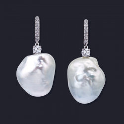 Platinum Diamond and South Sea Baroque Pearl Earrings
