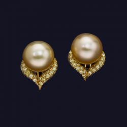 18K Yellow Gold Diamond and Golden Pearl Earrings