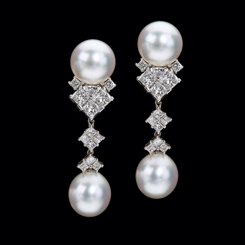 Platinum Diamond and South Sea Pearl Earrings