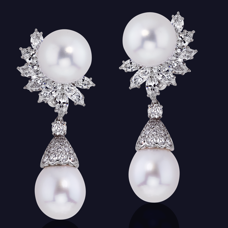 Platinum Diamond and South Sea Pearl Earrings