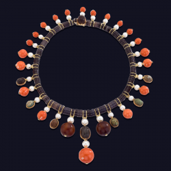 Coral, Pearl, Black Onyx, Amber and Scarab Necklace