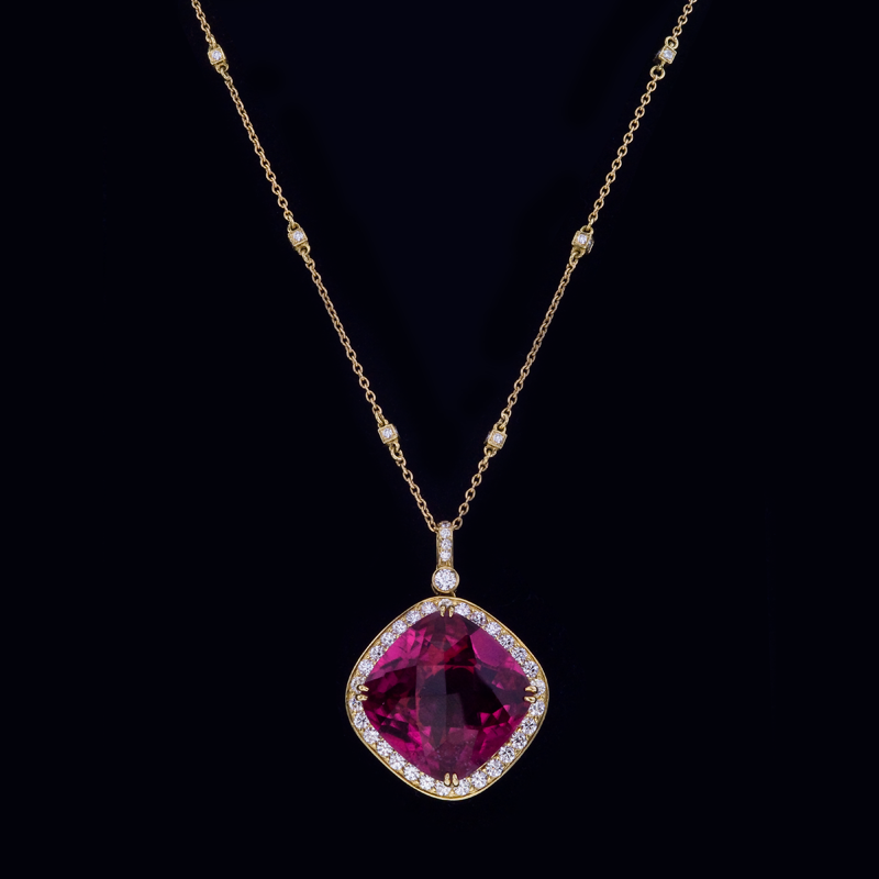 18K Yellow Gold Rubelite and Diamond Necklace