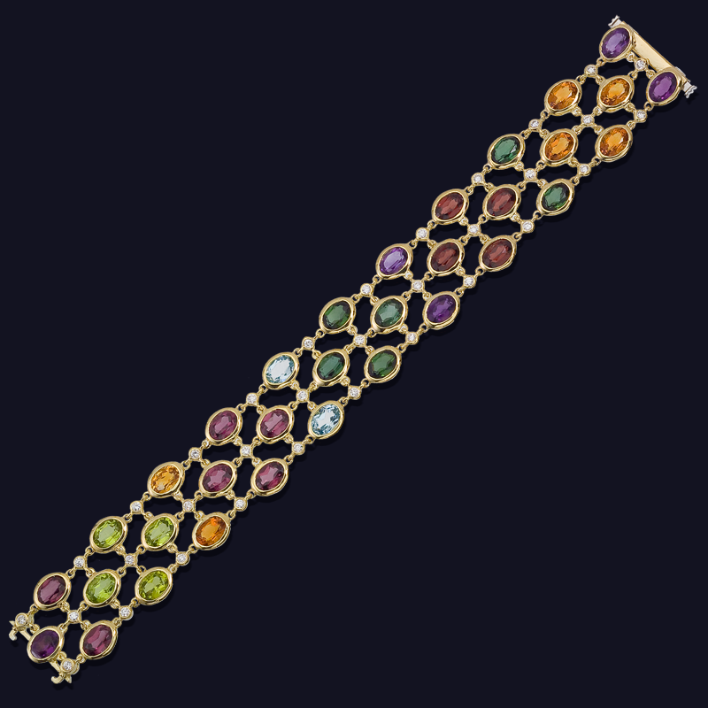 18K Yellow Gold Multi-Colored Semi-Precious and Diamond Bracelet