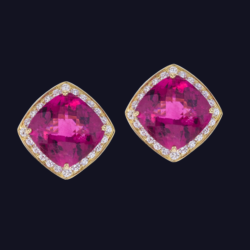 18K Yellow Gold Rubelite and Diamond Earrings