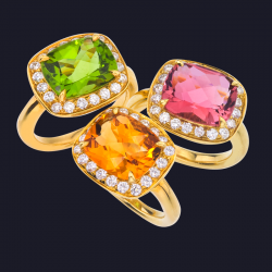 18K YG Citrine and Diamond Ring, 18K YG Peridot and Diamond Ring, 18K YG Pink Tourmaline and Diamond Ring