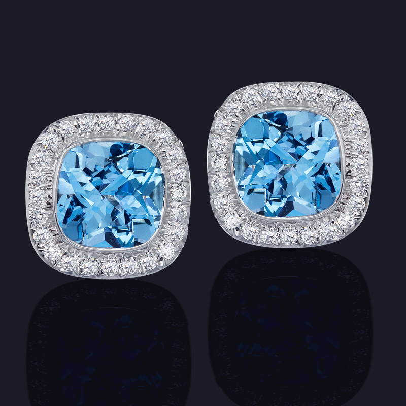 18K White Gold Blue Topaz and Diamond Earrings