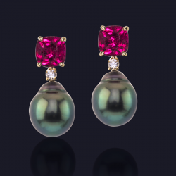 18K Yellow Gold Rubelite Diamond and Tahitian Pearl Earrings