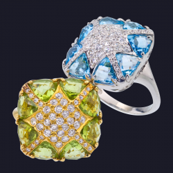 18K YG Peridot and Diamond Ring, 18K WG Blue Topaz and Diamond Ring