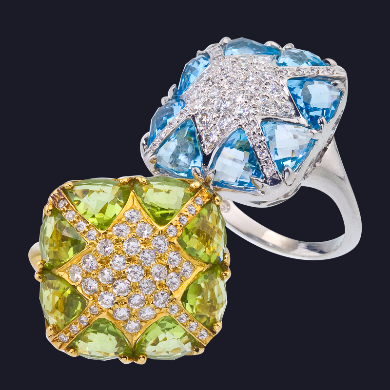 18K YG Peridot and Diamond Ring, 18K WG Blue Topaz and Diamond Ring