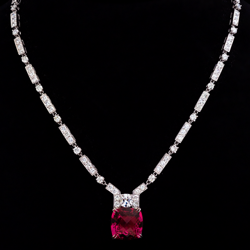 18K White Gold Rubelite and Diamond Necklace