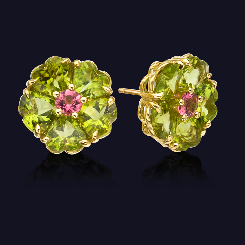 18K Yellow Gold Peridot and Pink Tourmaline Earrings