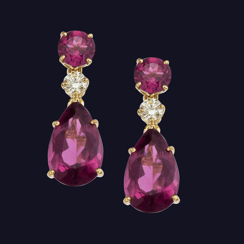 18K Yellow Gold Rubelite and Diamond Earrings