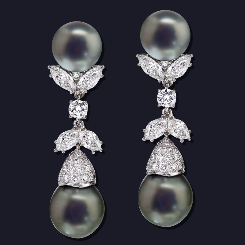 Platinum Tahitian Pearl and Diamond Earrings