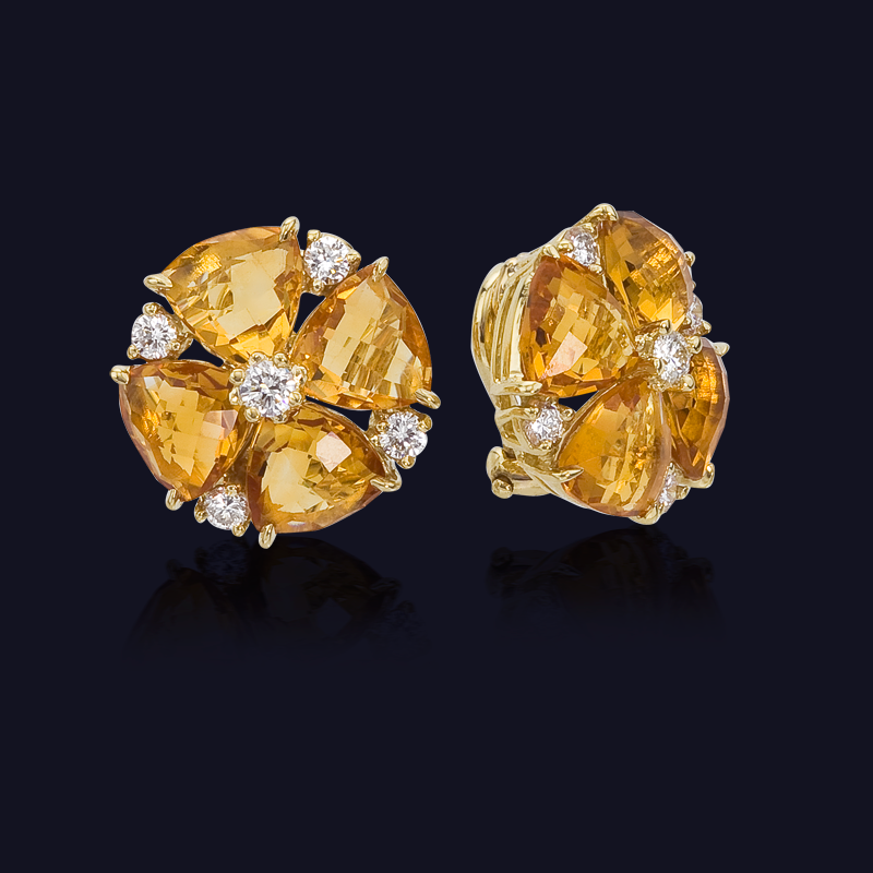 18K Yellow Gold Citrine and Diamond Earrings