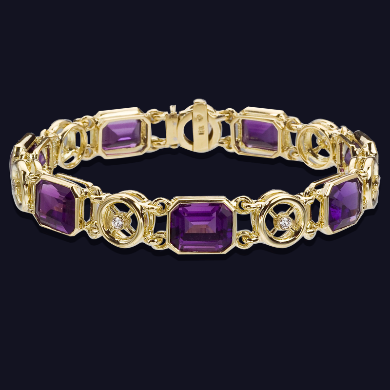 18K Yellow Gold Amethyst and Diamond Bracelet