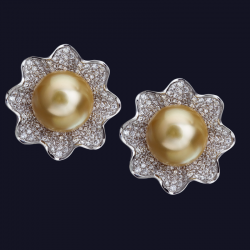 18K White Gold Diamond and Golden Pearl Earrings