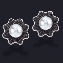 18K White Gold Black Diamond and South Sea Pearl Earrings