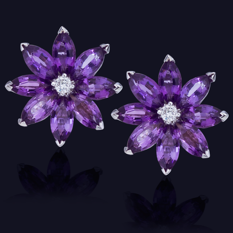 18K White Gold Amethyst and Diamond Earrings