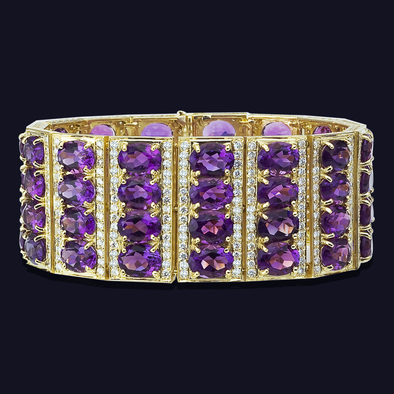 18K Yellow Gold Amethyst and Diamond Bracelet