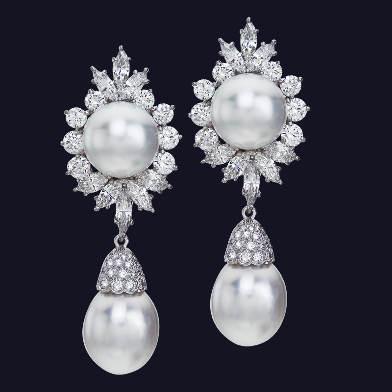 Platinum Diamond and South Sea Pearl Earrings