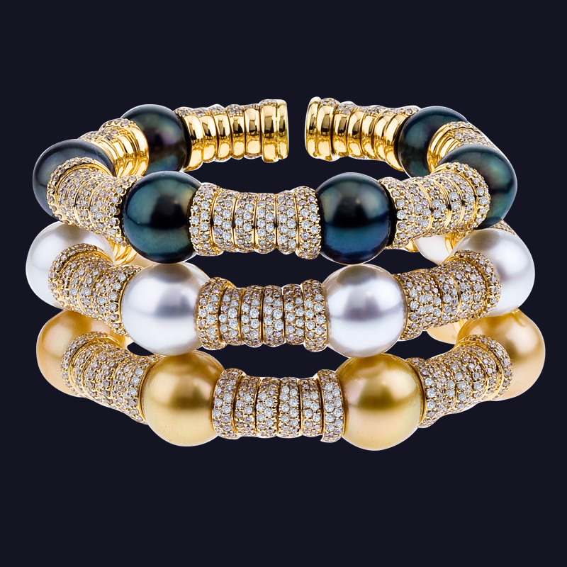 18K Yellow Gold Diamond and Colored Pearl Bracelets