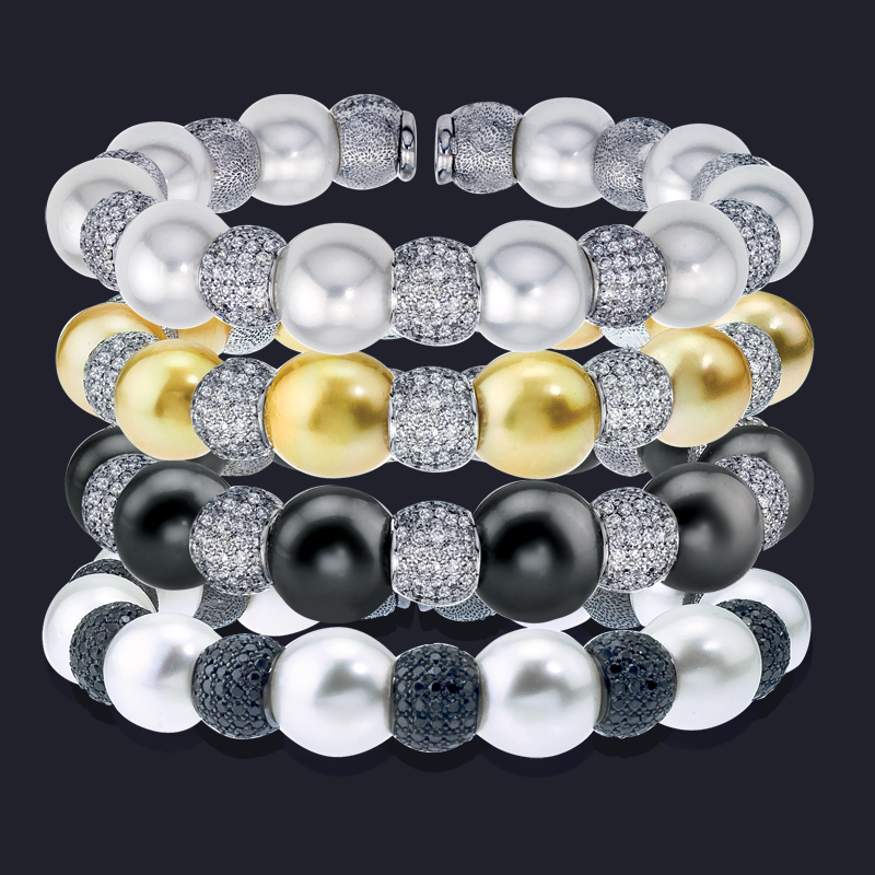 18K White Gold Diamond and Colored Pearl Bracelets