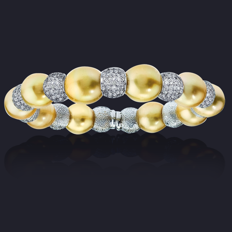 18K White Gold Diamond and Golden Pearl Bracelet