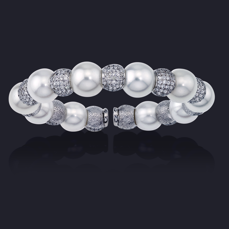 18K White Gold Diamond and South Sea Pearl Bracelet