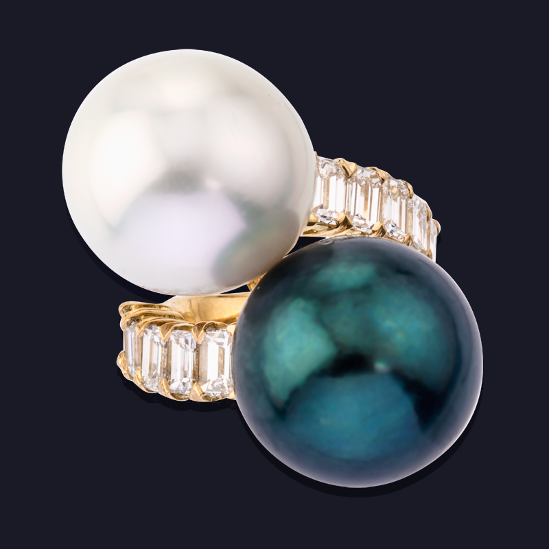 18K Yellow Gold Diamond South Sea and Tahitian Pearl Ring