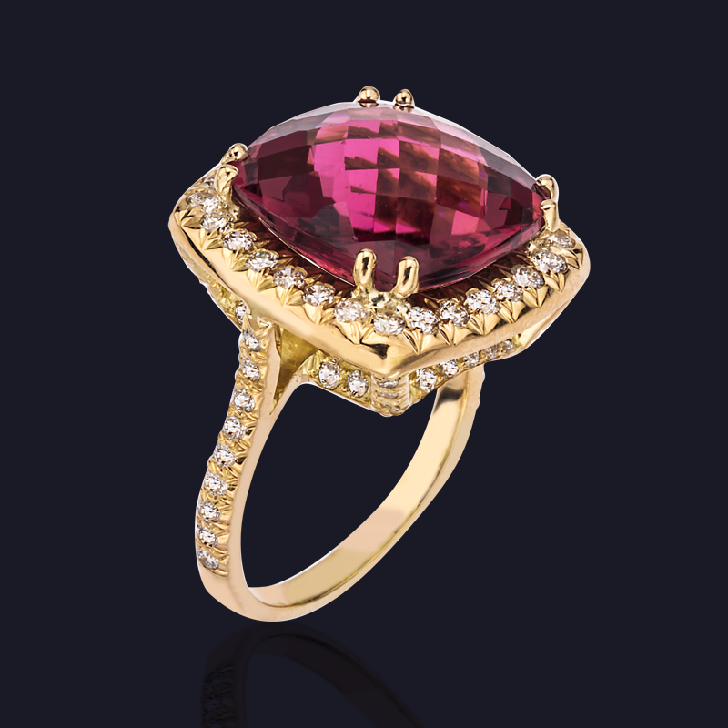 18K Yellow Gold Rubelite and Diamond Ring