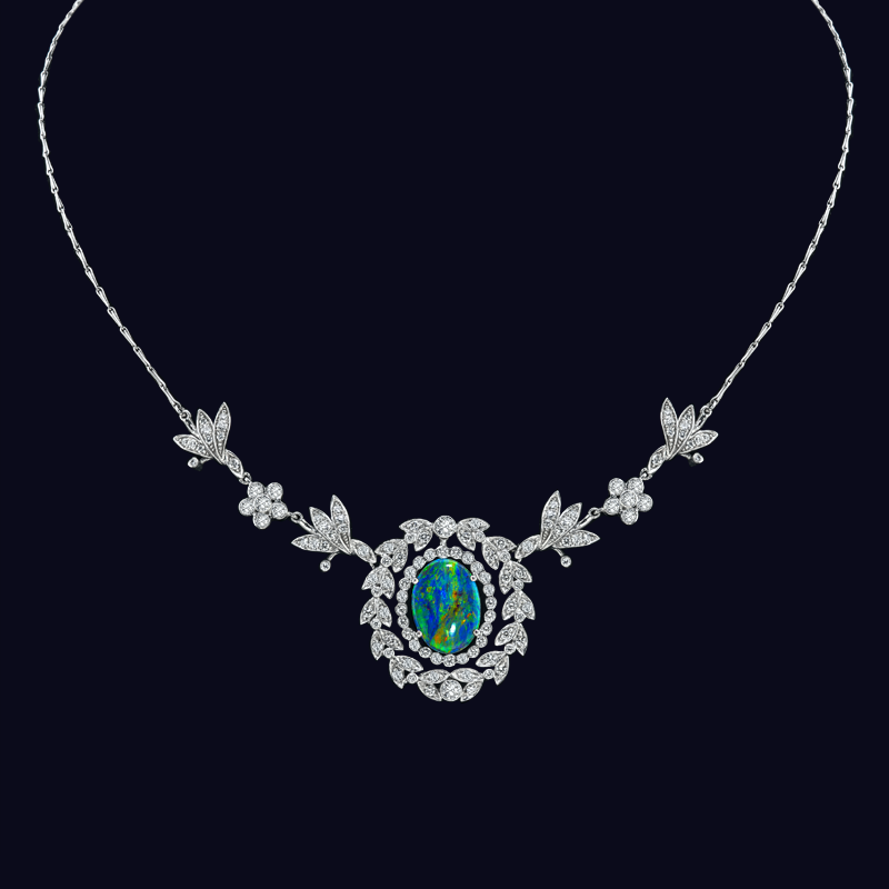 Platinum Australian Black Opal and Diamond Necklace