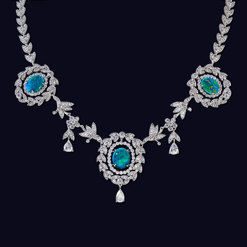 Platinum Australian Black Opal and Diamond Necklace